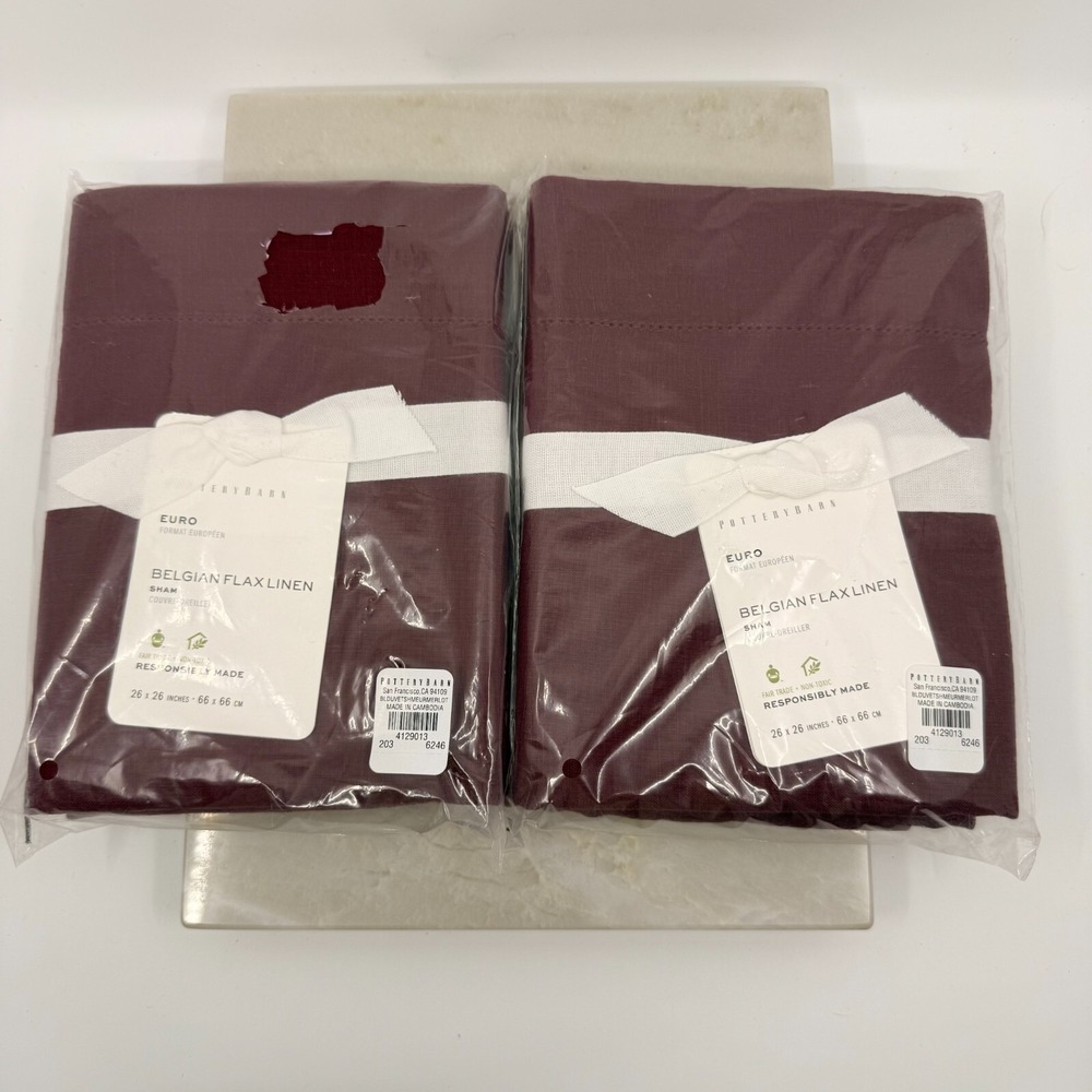 Pottery Barn Belgian Flax Linen Merlot Set Of Two Euro Shams Luxury Natural
